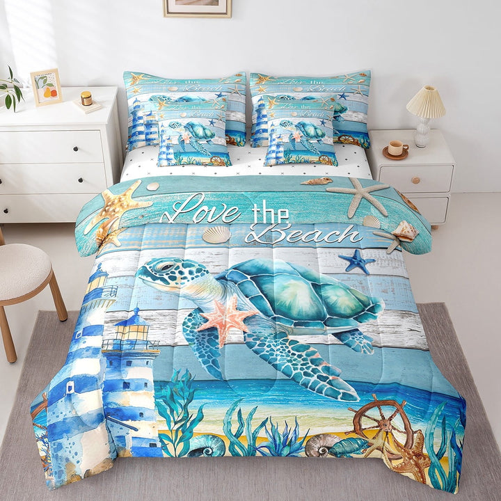 Erosebridal Sea Turtle Comforter Set 7 Piece,Summer Ocean Beach Bed in A Bag,Sea Lighthouse Bedding Sets King,Anchor Compass Sealife Wooden Reversible Bed Sets with Sheet Set Bedroom Decor
