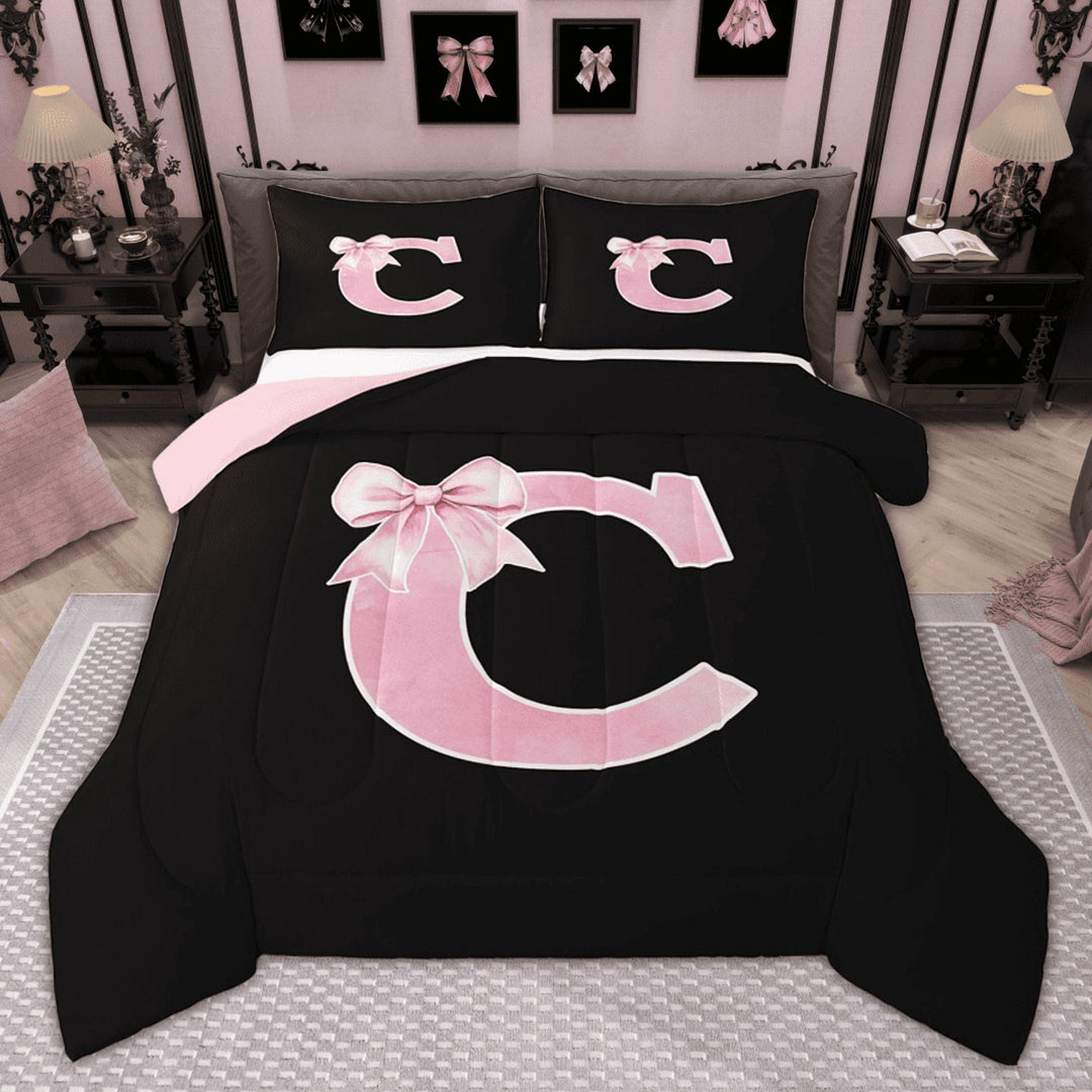 Manfei Cute Girls Bowknot Bowtie Bedding Comforter Set, Monogrammed Twin Comforter Sets, Personalized Letter C Bedding Set, Lightweight Bedroom Decor, Reversible 2-Piece
