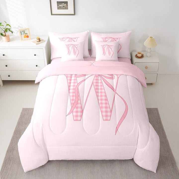 Erosebridal Plaid Initial W Bedding Sets Twin Size, Kawaii Ribbon Comforter Sets with Sheets, Cartoon Bow Decor, Reversible 7 Pieces