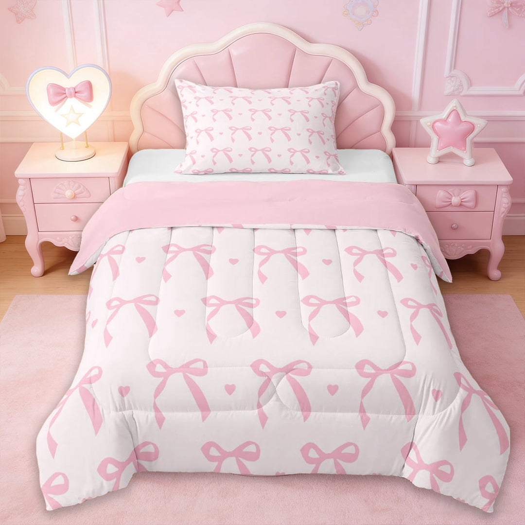 Erosebridal Girls Pink Bowknot Twin Comforter Sets For Kids,Dreamy Princess Themed Bedding Set,Reversible pink,2pcs