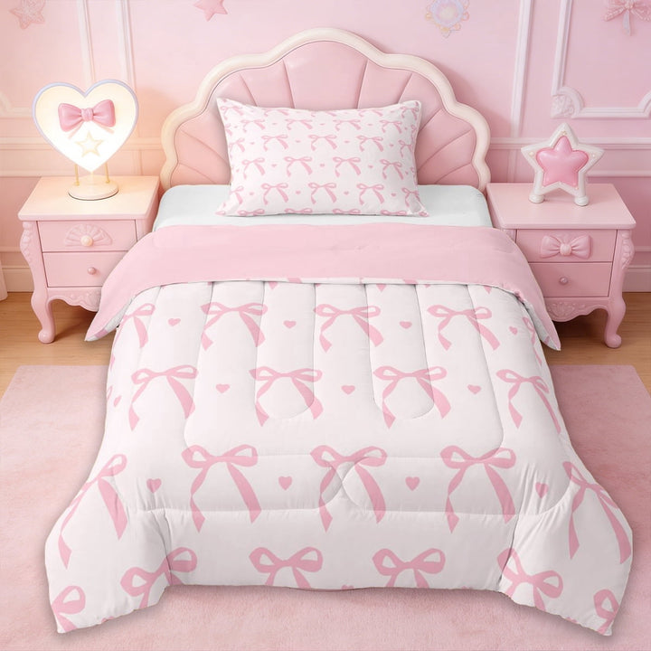 Erosebridal Girls Pink Bowknot Twin Comforter Sets For Kids,Dreamy Princess Themed Bedding Set,Reversible pink,2pcs