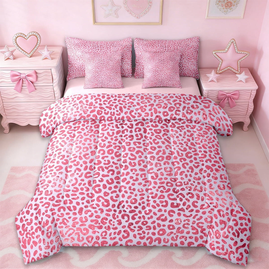 Erosebridal Pink Leopard Print Girls 7pcs Bedding Comforter Set,Chic Cheetah Pattern Queen Bedding Sets For Women Adults,Reversible Pink