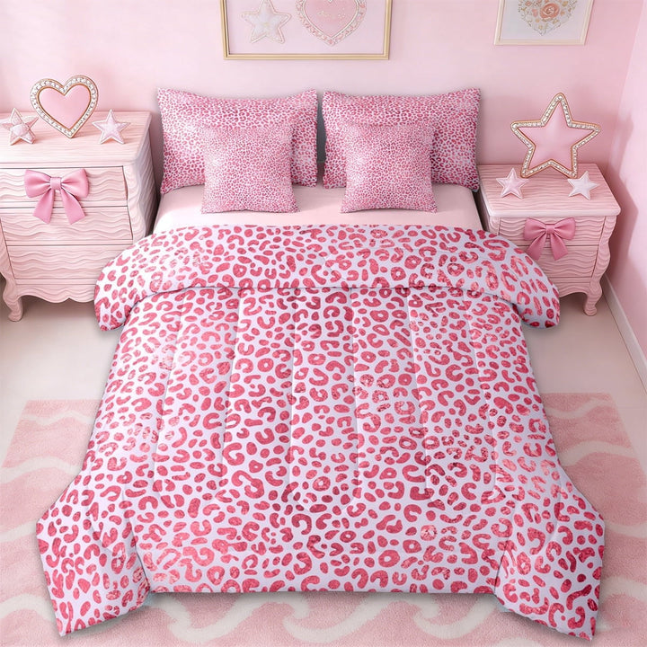 Erosebridal Pink Leopard Print Girls 7pcs Bedding Comforter Set,Chic Cheetah Pattern Queen Bedding Sets For Women Adults,Reversible Pink