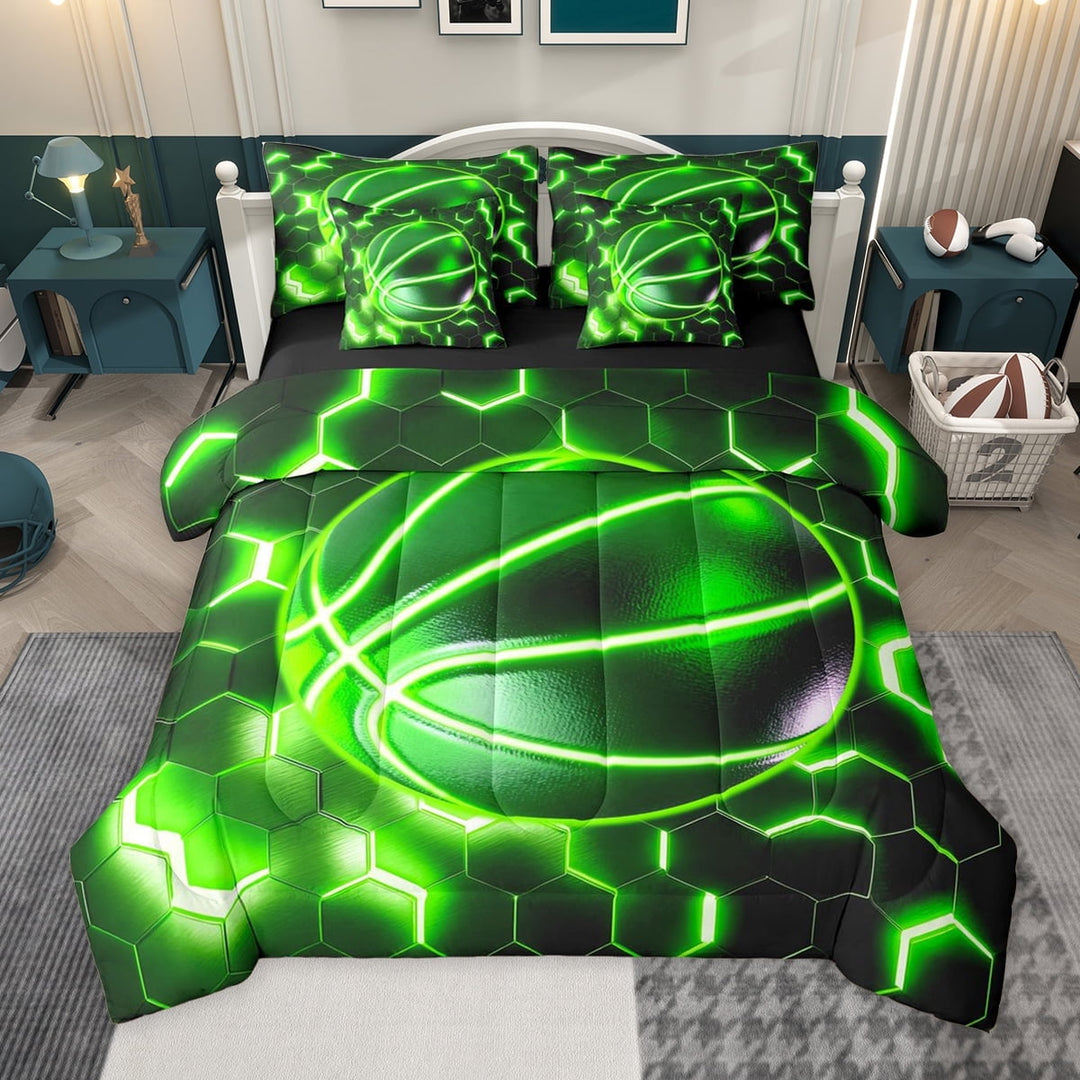 jejeloiu Basketball Sport Game 7-Piece Twin Bedding Sets,Green Honeycomb Hexagon Bedding Comforter Set For Boys Kids Reversible