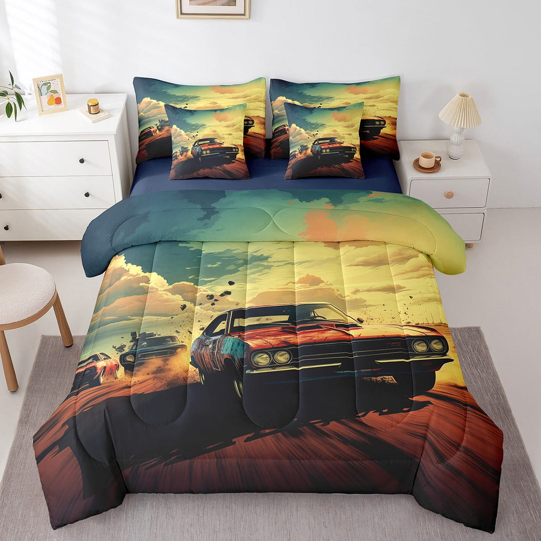 Racing Car 7 Pcs Comforter Set Twin Size,Off-Road Vehicles Bedding,Retro Classic Cars Extreme Sports Sheet Set Bed In A Bag Vintage Race Cars Bed Set