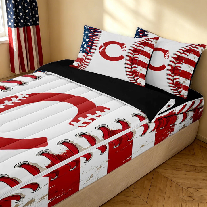 meiyoeat Baseball Initial C Zipper Twin Comforter Sets with Fitted Sheet and 2 Pillowcases for Boys, Vintage USA Flag Print Zipper Bedding Set, Black Reversible, 4pcs