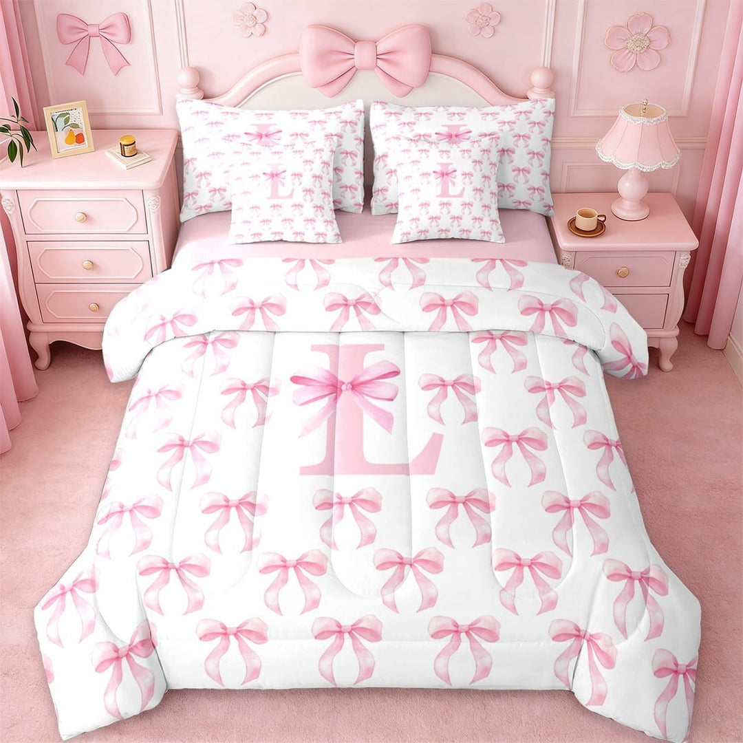 Erosebridal Pink Letter C Monogrammed 7-Piece Twin Bedding Sets For Kids,Princess Bowknot Bedding Comforter Set For Girls,Pink Reversible