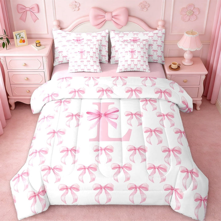 Erosebridal Pink Letter C Monogrammed 7-Piece Twin Bedding Sets For Kids,Princess Bowknot Bedding Comforter Set For Girls,Pink Reversible