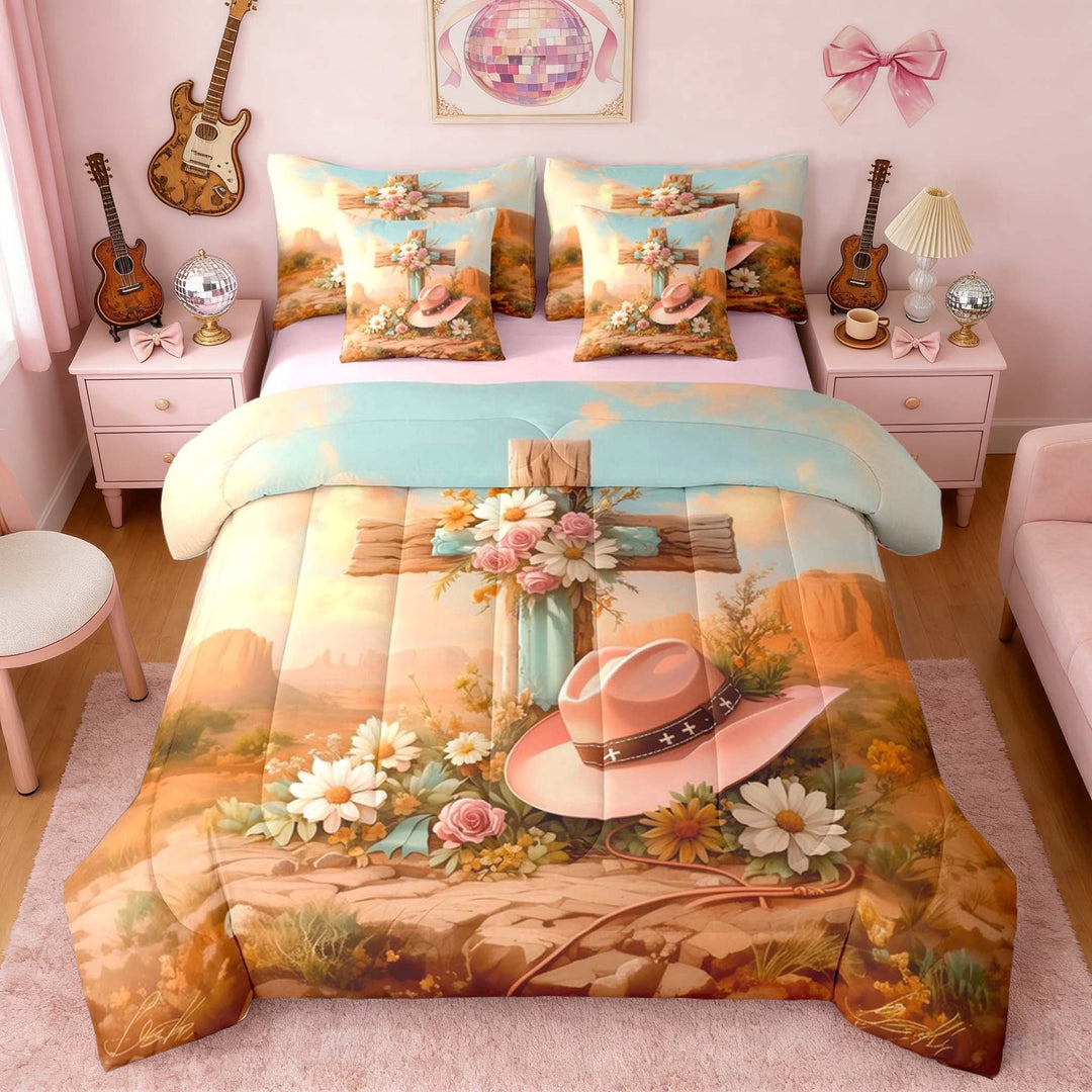 Erosebridal Desert Floral Cross Pink Cowgirl Print Twin Bedding Sets, Country Style Bedding Comforter Set for Girls, Pink Reversible 7pcs
