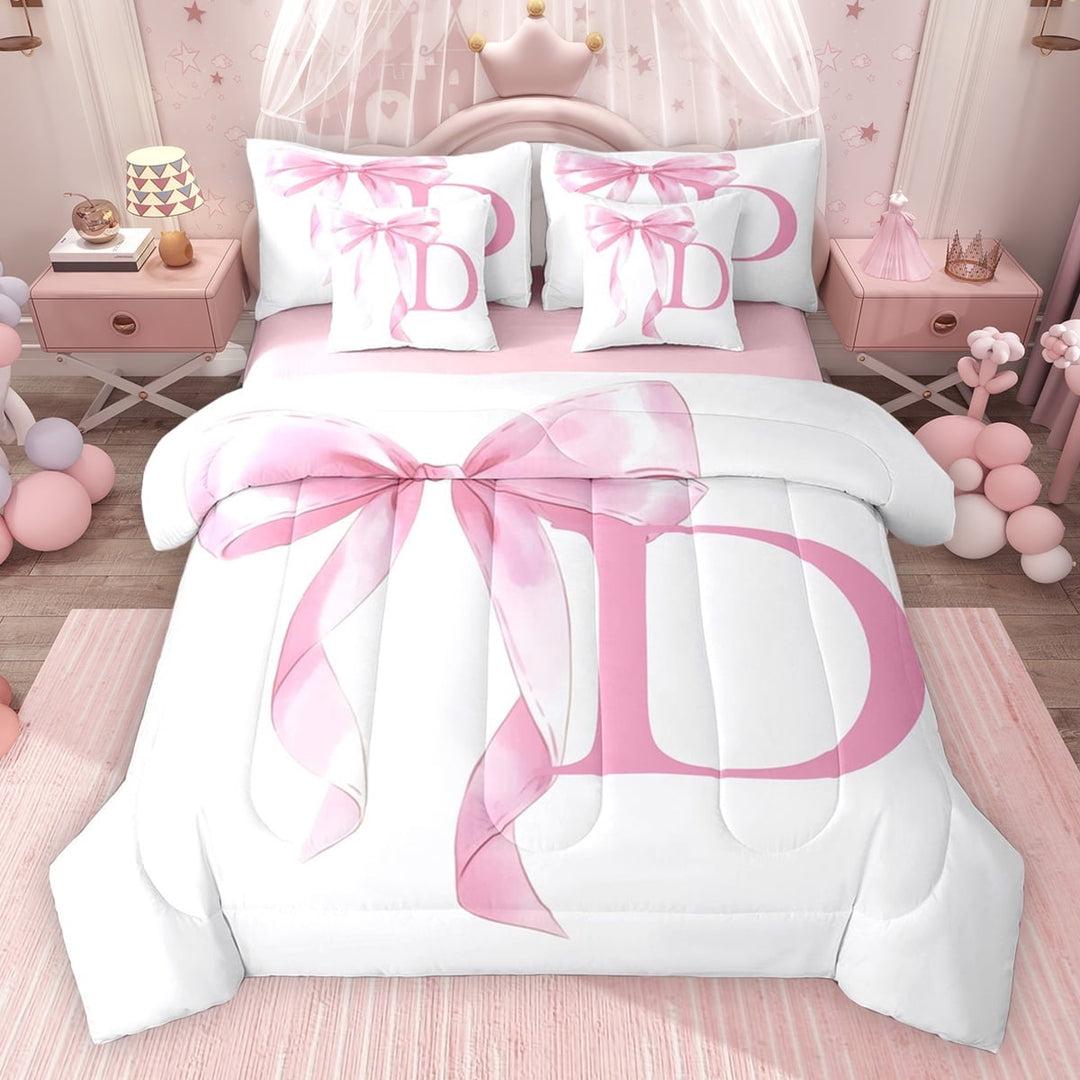 Erosebridal Girls Pink Bow Twin Bedding Sets, D Letter Bedding Comforter Set, Princess Style Bedroom Decor, Pink Reversible 7pcs