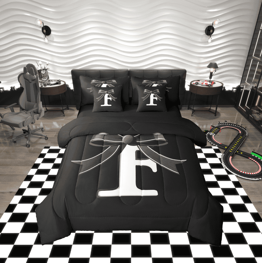 Erosebridal Kawaii Initial Letter Bedding Sets Twin Size, Monogrammed F Comforter Sets with Sheets, Cool Ribbon Cow Reversible Bed Set, Ultra Soft Bedroom Decoration, 7pcs