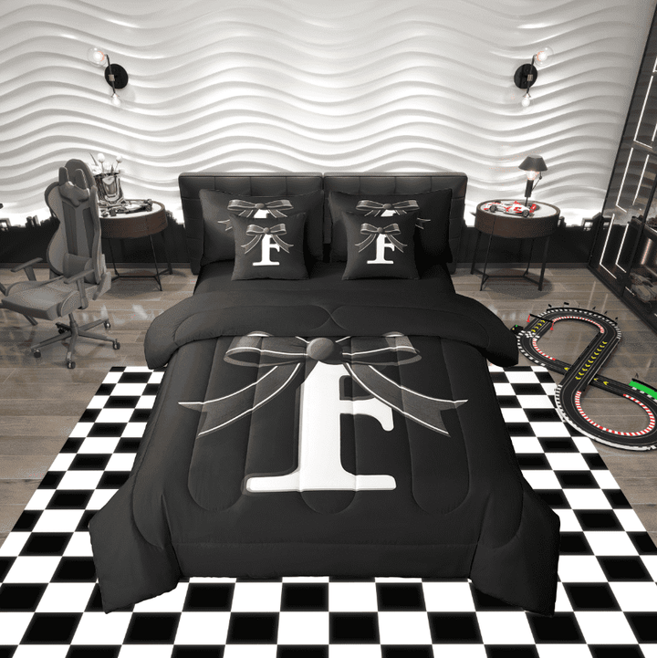 Erosebridal Kawaii Initial Letter Bedding Sets Twin Size, Monogrammed F Comforter Sets with Sheets, Cool Ribbon Cow Reversible Bed Set, Ultra Soft Bedroom Decoration, 7pcs