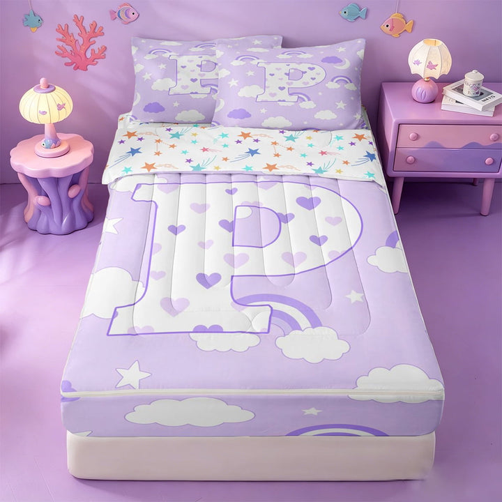 meiyoeat Purple Rainbow Initial P Zipper Twin Comforter Sets with Fitted Sheet and 2 Pillowcases,Cute Loves Cloud Stars Pattern Zipper Bedding Set For Girl,Colorful Stars Reversible,4 Pieces