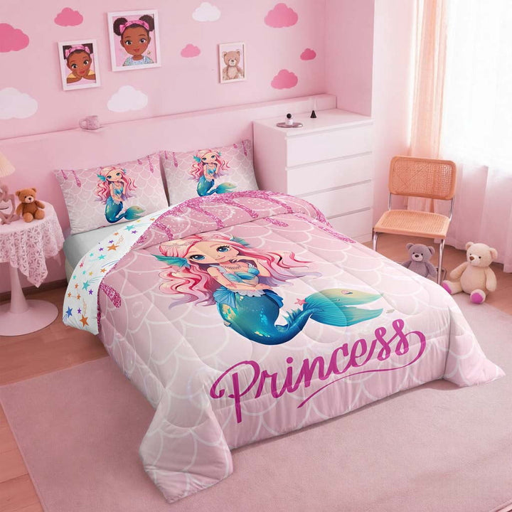 Erosebridal Mermaid Princess Bedding Set Mermaid Scales Full Comforter Set Glitter Pink Sequins Bed Comforter Sets 1 Comforter And 2 Pillow Cases Princess Room Decor
