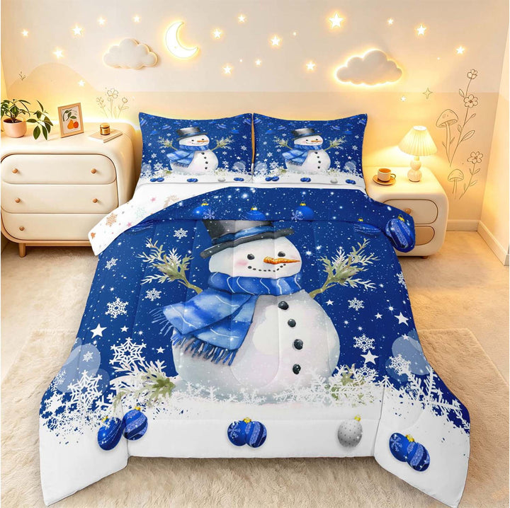 Manfei Kawaii Christmas Snowman Queen Comforter Set,Cute Snowflake Comforter Sets Queen,Navy White,Christmas Reversible,3pcs,1 Comforter and 2 Pillowcases
