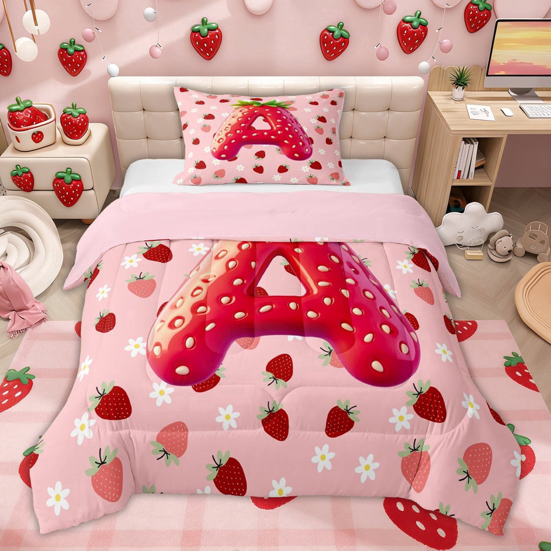 Erosebridal Girls Pink Red Strawberry Twin Comforter Sets for Kids, Initial Letter A Bedding Set, Pink Reversible, 2pcs