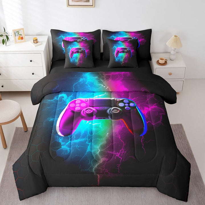 Erosebridal Video Game Bedding Sets Twin Size,Blue Purple Comforter Sets with Sheets,Lightning Honeycomb Bed in a Bag Twin size,Super Cozy Geometric Room Decor,Reversible,7pcs
