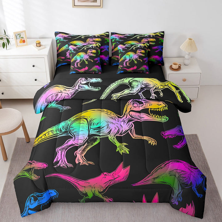 Dinosaur Comforter Set 7 Piece Bed in a Bag Twin,Rainbow Dino Bedding Sets,Jungle Animal Sheet Set with Comforter Dinosaurios Bed Set,Prehistoric Wildlife Room Decor