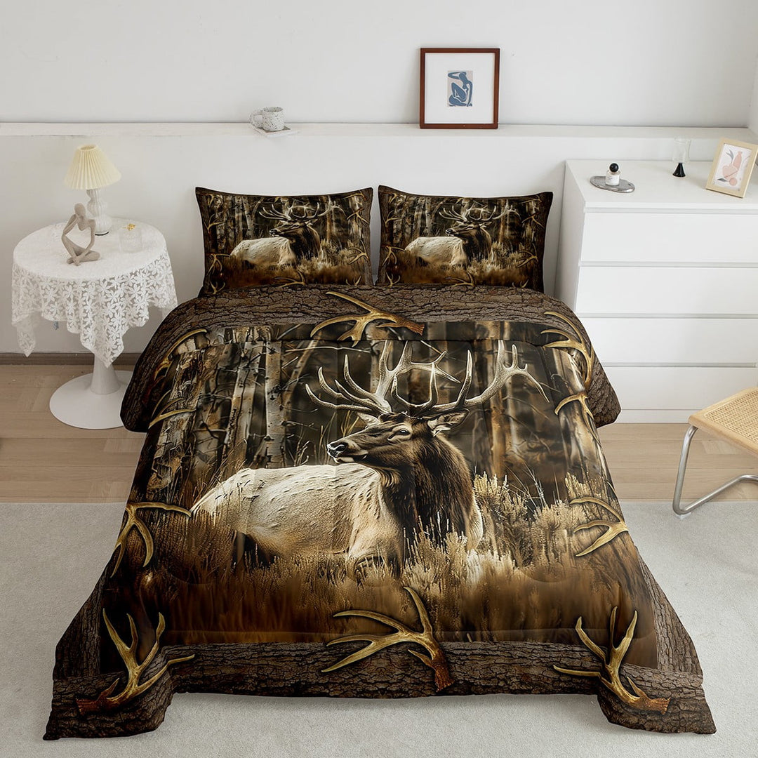 Erosebridal Rustic Deer Comforter Set for Cabin Lodge Vintage Elk Moose Antlers Bedding Set Queen Size Farmhouse Woodland Quilt Hunting Animal Duvet Insert with 2 Pillowcase Home Room Decor