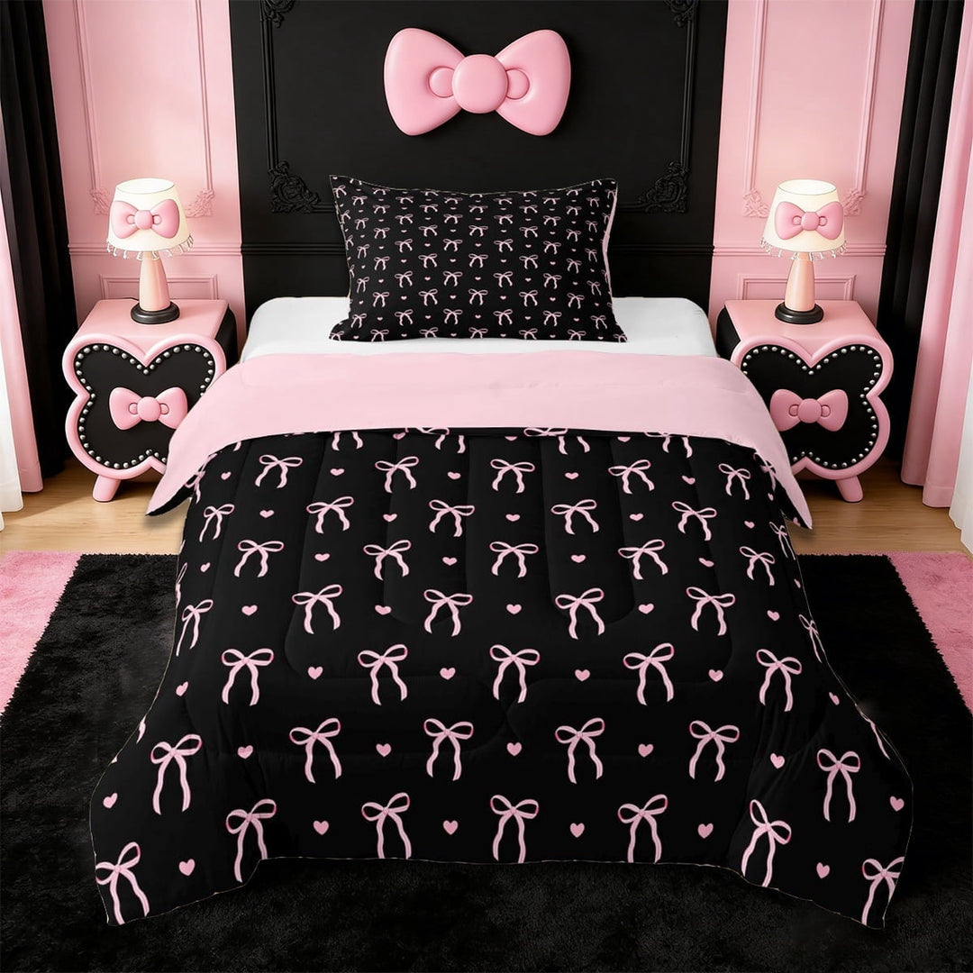 Erosebridal Cute Coquette Bowknot Twin Comforter Sets,Cartoon Cute Stars Bedding Set For Girls Kids,Black Pink, Reversible 2-Piece