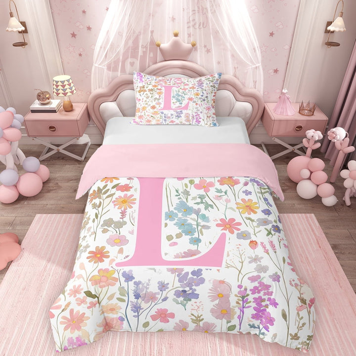 Erosebridal Girls Pink Flower Twin Bedding, Garden Floral Duvet Cover Set, Personalized Initial L, Pink Reversible, 1 Duvet Cover and 1 Pillowcase (No Comforter)