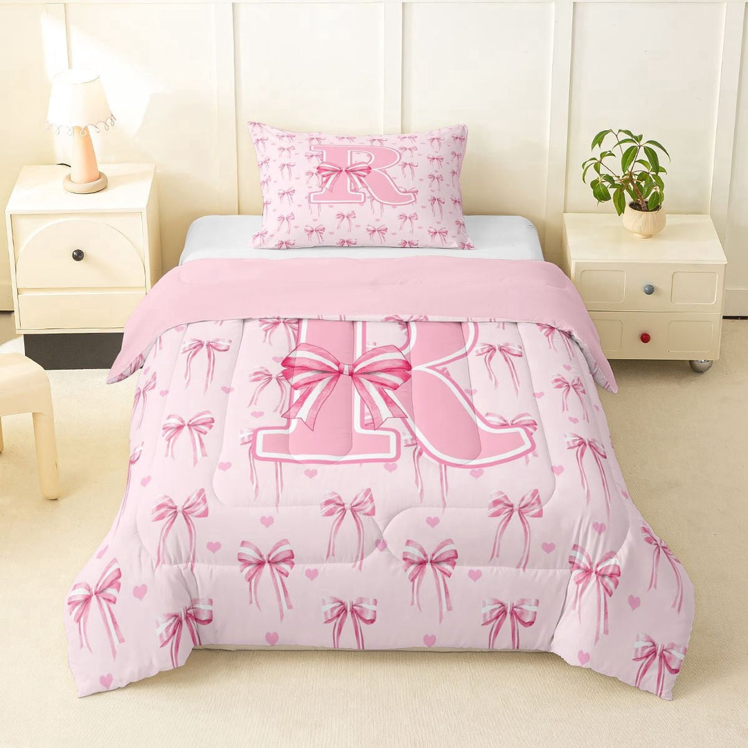 Erosebridal Kawaii Pink Ribbon Bowknot Girl Twin Comforter Sets 3-Piece,Teens Kids Love Heart Letter Monogrammed R Bedding Set,Pink Reversible