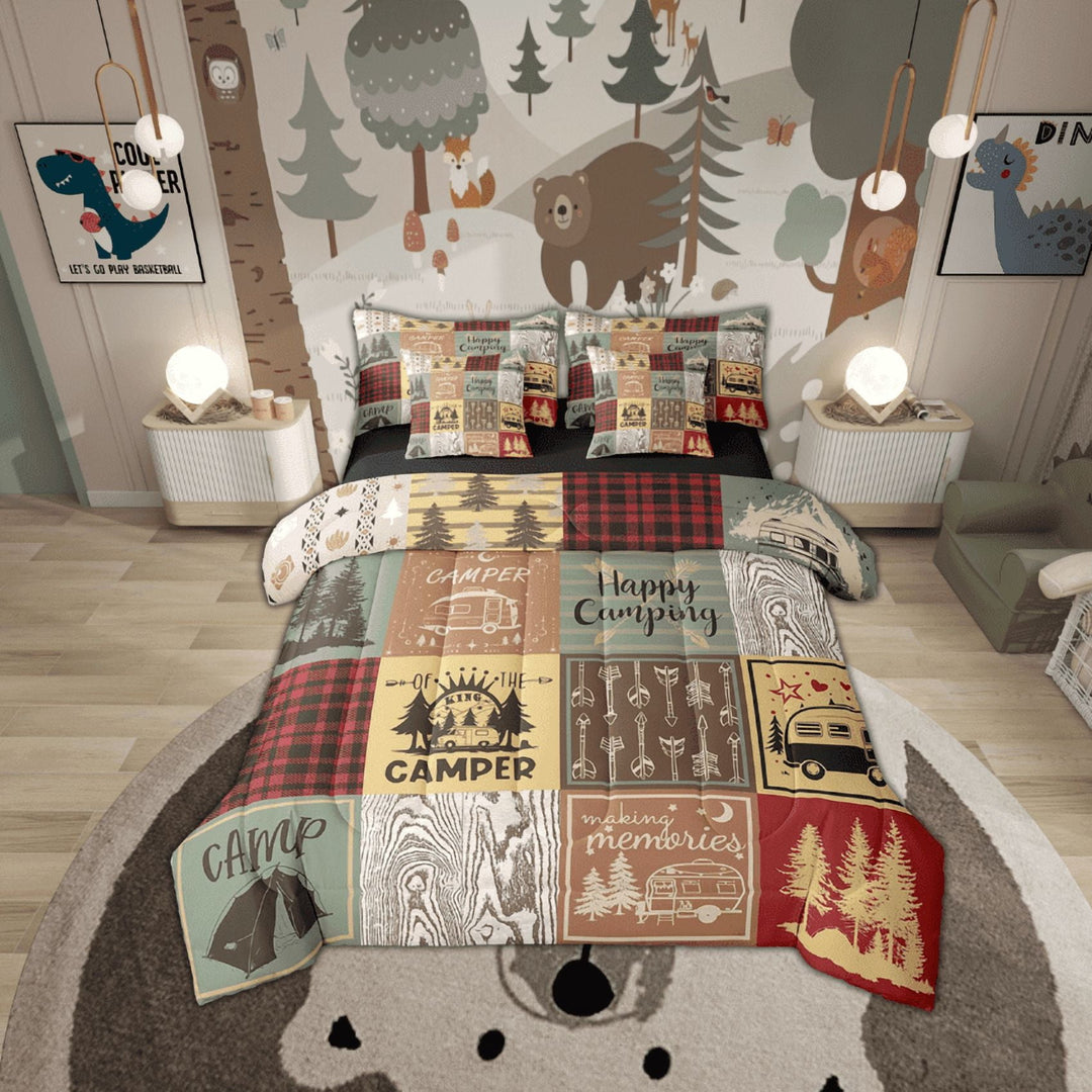 Retro Camper Bed In A Bag 7 Piece Happy Camping King Comforter Set Adults,Rv Camping Decor Bedding Set For Travel Trailers Campers,Vintage Rustic Buffalo Plaid Bed Set