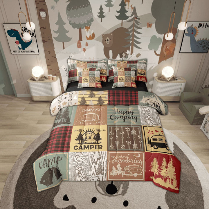 Retro Camper Bed In A Bag 7 Piece Happy Camping King Comforter Set Adults,Rv Camping Decor Bedding Set For Travel Trailers Campers,Vintage Rustic Buffalo Plaid Bed Set