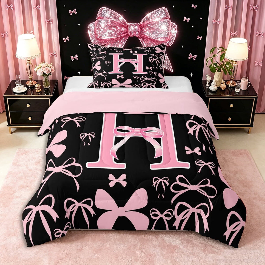 Erosebridal Pink Personalized Initial H Twin Comforter Sets 3-Piece,Cartoon Dreamy Bow Knot Bedding Set,Pink Reversible,Microfiber Bedroom Decor