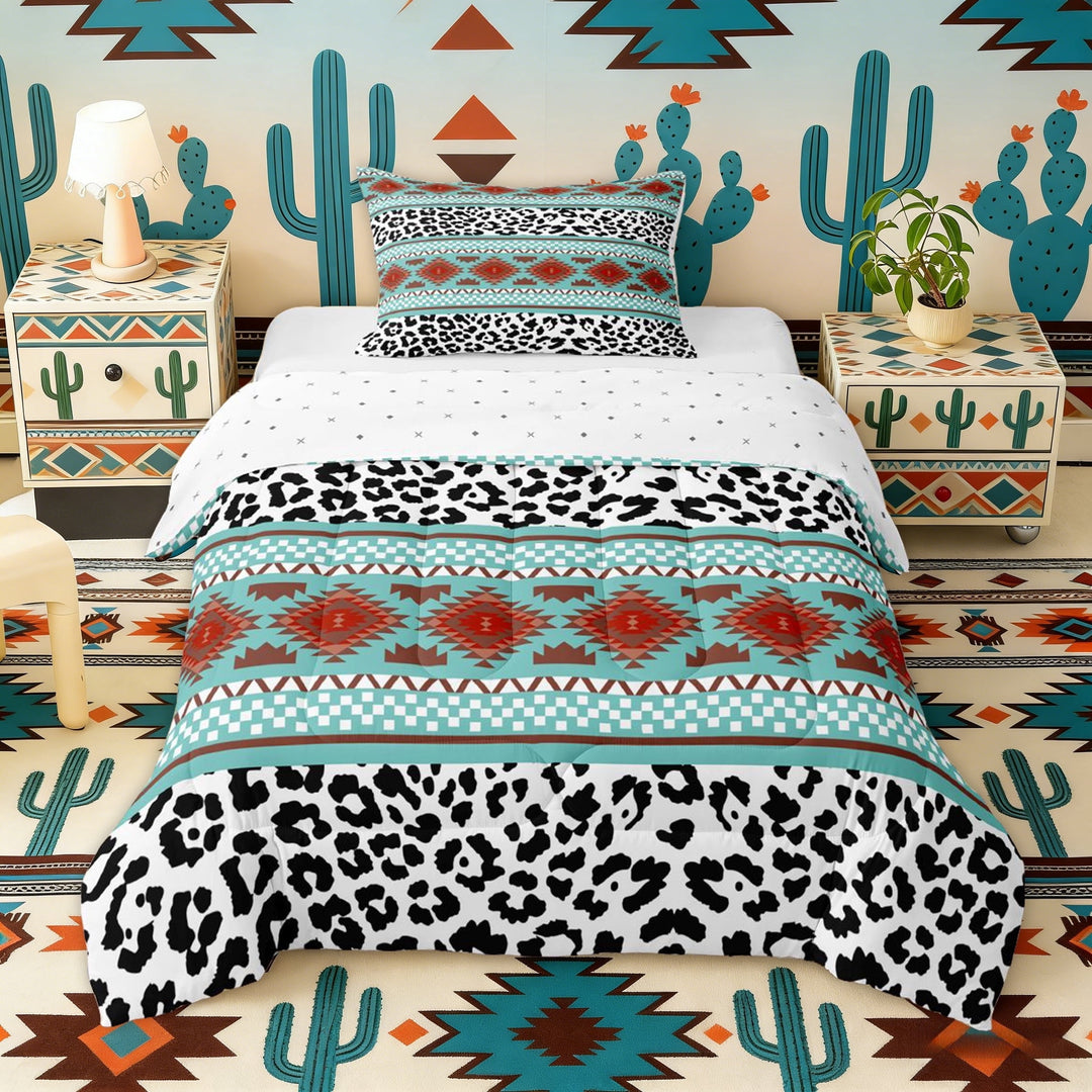Erosebridal Teal Brown Aztec Twin Comforter Sets, White Black Leopard Print Bedding Set, Reversible 2pcs, 1 Comforter and 1 Pillowcase