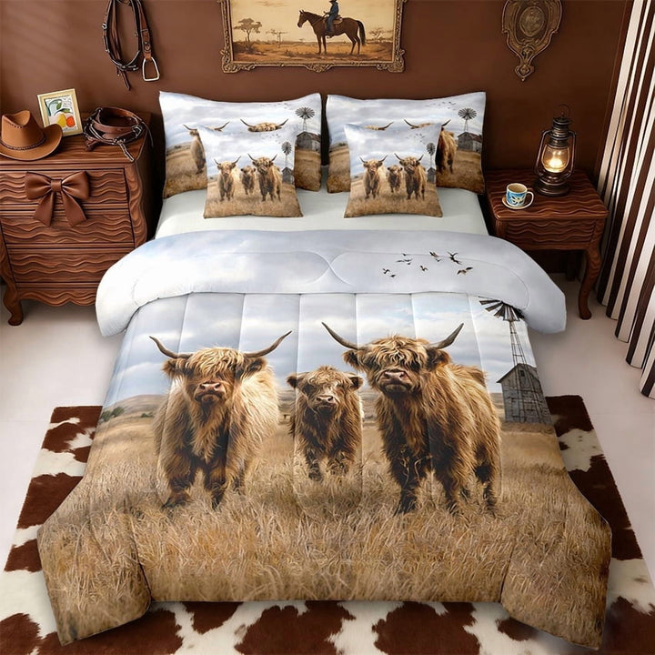 Erosebridal Farm Highland Cattle 7-Piece Twin Bedding Sets,Bull Cattle Wildlife Farmhouse Cow Bedding Comforter Set For Adults,Reversible Light Gray