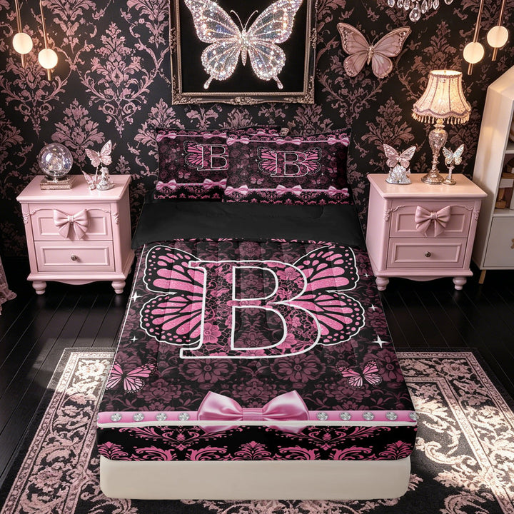 meiyoeat Bling Butterfly Wing Ribbon Zipper Full Size Comforter Sets with Fitted Sheet and 2 Pillowcases for Women Girls, Damask Flower Initial B Zipper Bedding Set, Black Reversible, 4 Pieces