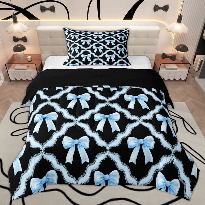 Erosebridal Blue Bowknot Girls Twin Comforter Sets, Princess Butterfly Knot Bedding Set, Black Reversible, 2pcs