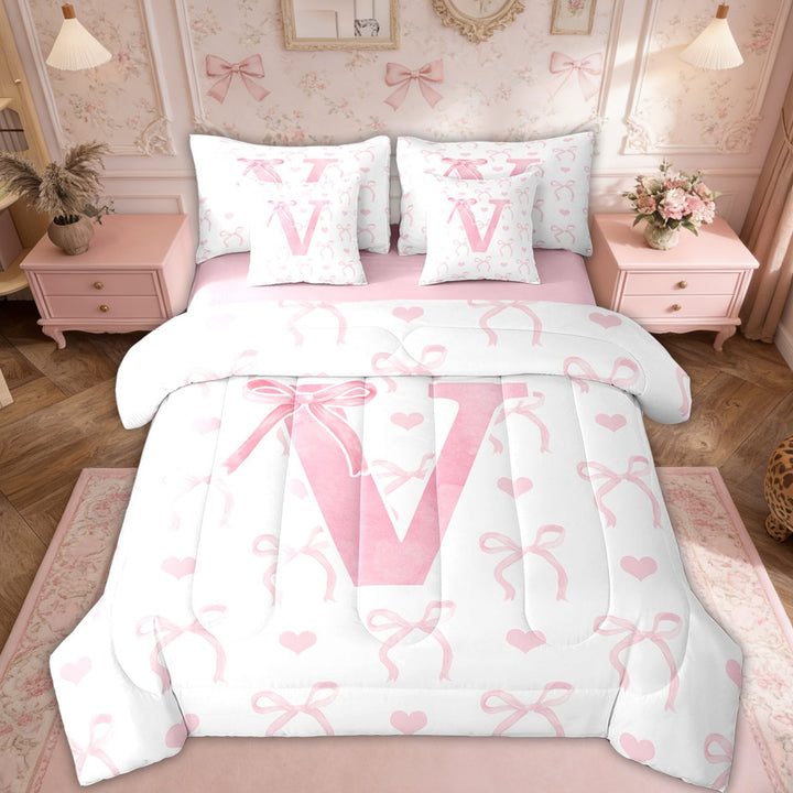 Erosebridal Kawaii Bowknot Bed in a Bag Twin size, Initial V Bed Set, Romantic Initial A-Z Decor, Reversible