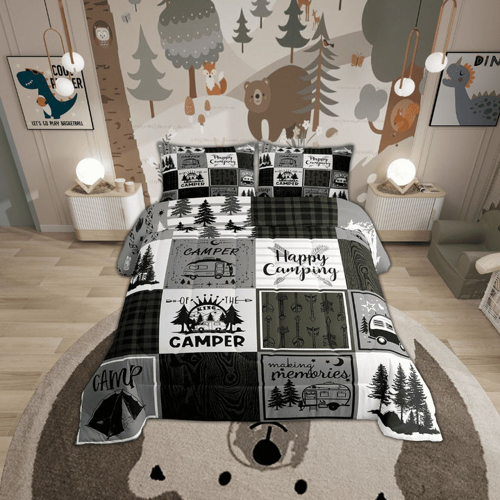 Camper Bedding Set For Bunks,Happy Camping Full Comforter Set For Travel Trailers Rustic Farmhouse Buffalo Plaid Bedding Comforter Sets Rv Accessories For Inside,Adventure Camper Quilt