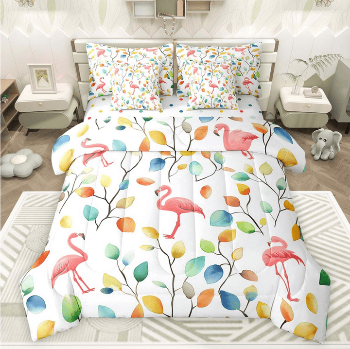 Cartoon Flamingo Bedding Twin Size 7 Pieces Watercolor Floral Comforter Set, Botanical Plants Bedding Comforter Sets Jungle Animal Bed in a Bag, Tropical Leaves Bedding Accessories