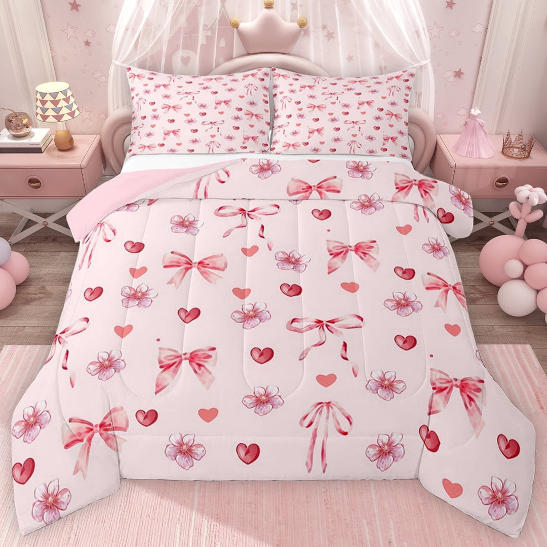 Erosebridal Chic Cherry Blossoms Full Size Comforter Sets for Girls, Bowknot Print Bedding Sets, Pink Reversible 3-Piece, 1 Comforter and 2 Pillowcases