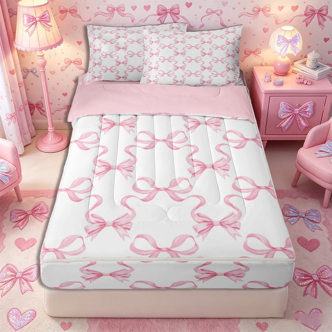 Meiyoeat Minimalist Ribbon Print Zipper Twin Comforter Sets with Fitted Sheet and 2 Pillowcases, Delicate Bow Pattern Zipper Bedding Set, Pink White,4-Piece,Pink Reversible