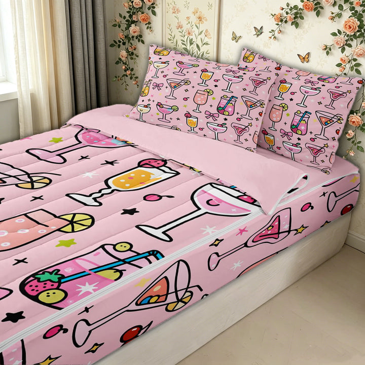 meiyoeat Party Cocktail Zipper Full Size Comforter Sets with Fitted Sheet and 2 Pillowcases for Adults, Summer Drinks Zipper Bedding Set for Bedroom, Pink, Pink ReversibleG