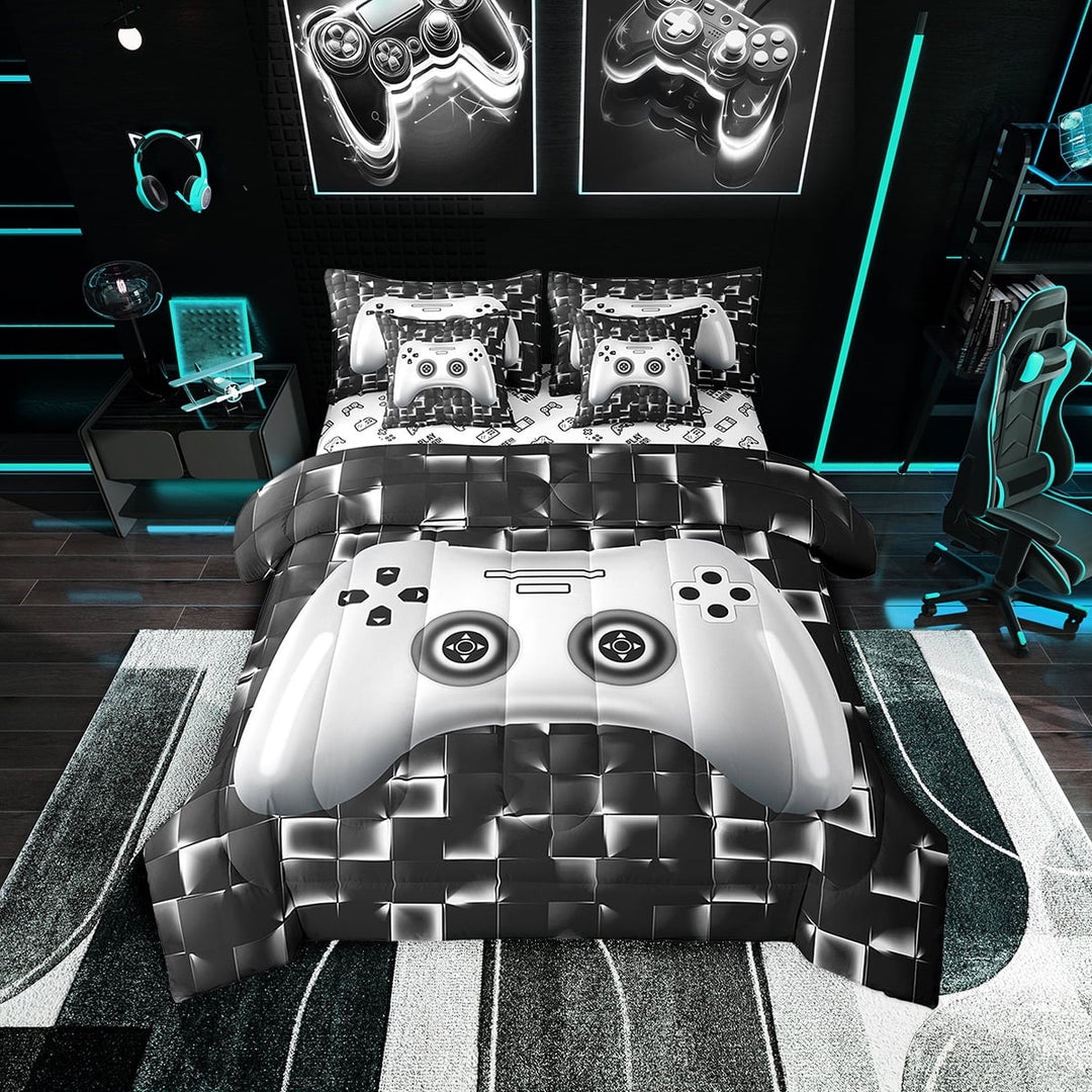Gaming Twin Bedding Sets 7 Pieces, Gamepad Print Reversible, Neon Grey and Black Bed in a Bag