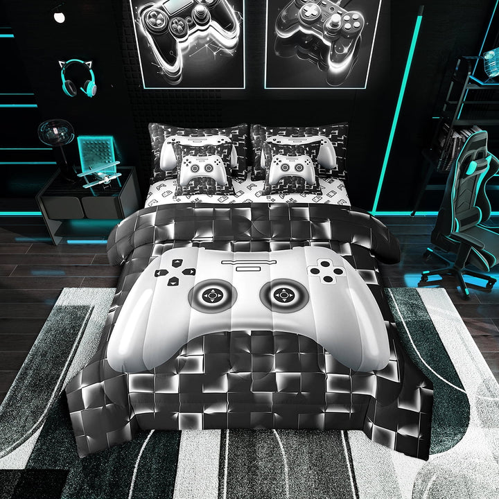 Gaming Twin Bedding Sets 7 Pieces, Gamepad Print Reversible, Neon Grey and Black Bed in a Bag