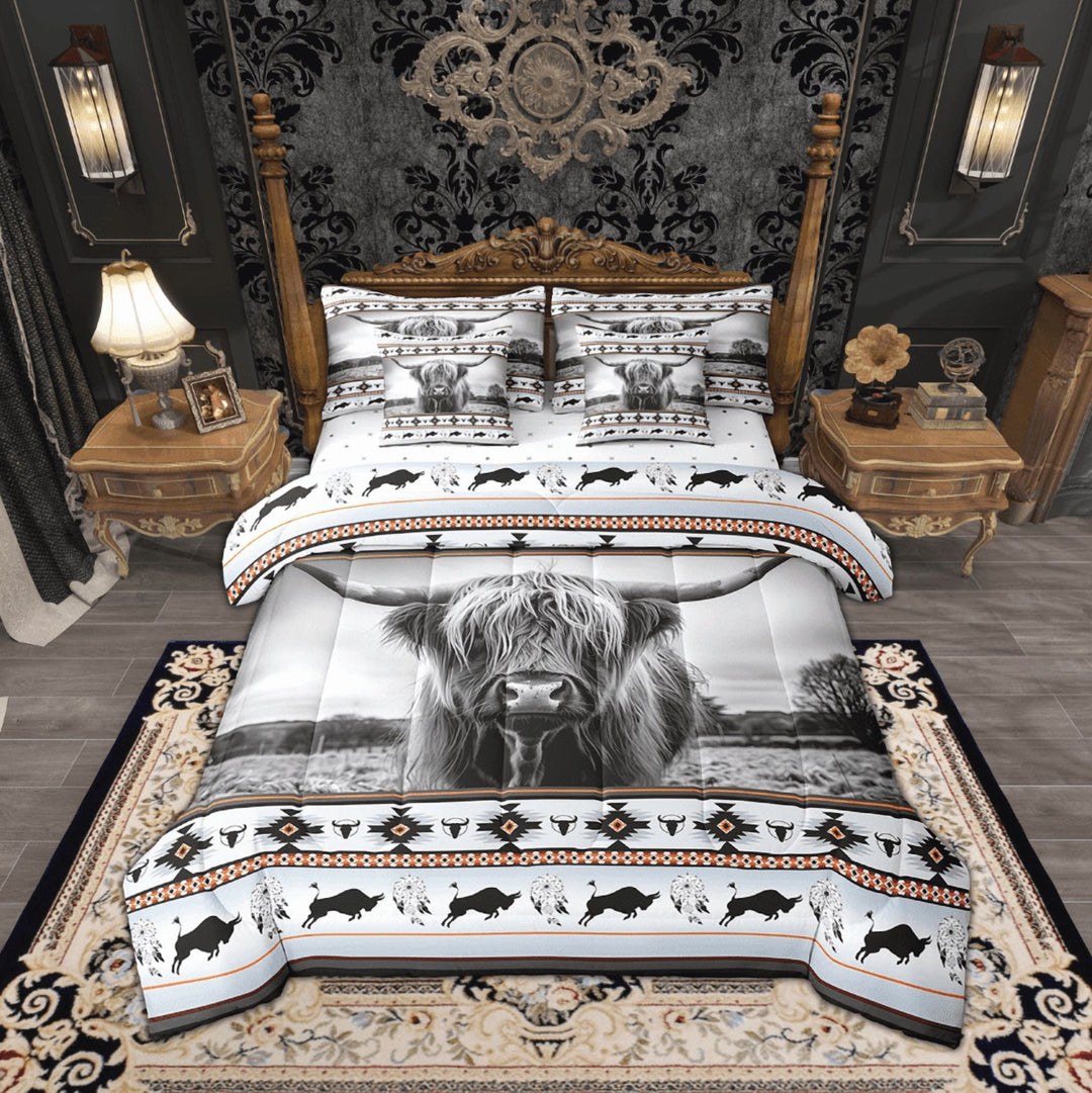Highland Cow Bed in a Bag King Size Comforter Set 7 Pieces,Tribe Arrow Longhorn Bull Cattle Bedding Sets Cowboy Western Animals Sheet Set,Bohemian Exotic Style Dreamcatcher Bed Set