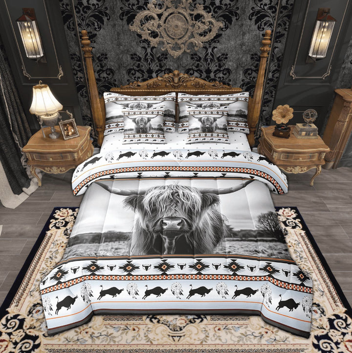 Highland Cow Bed in a Bag King Size Comforter Set 7 Pieces,Tribe Arrow Longhorn Bull Cattle Bedding Sets Cowboy Western Animals Sheet Set,Bohemian Exotic Style Dreamcatcher Bed Set