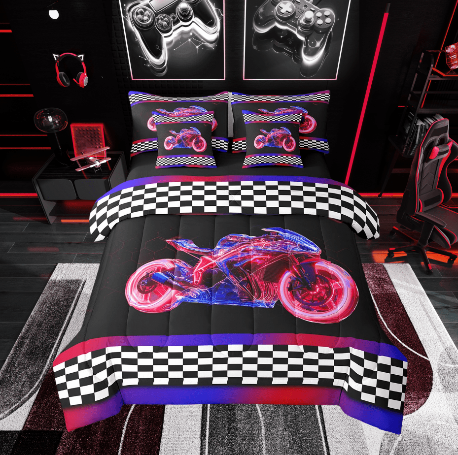 Erosebridal Dirt Bike Bedding Twin Size, Sports Game Bedding Sets Twin Size, Geometric Decor, Reversible 7-Piece