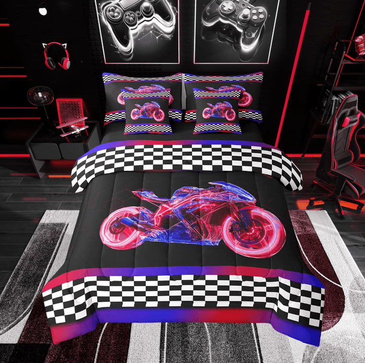 Erosebridal Dirt Bike Bedding Twin Size, Sports Game Bedding Sets Twin Size, Geometric Decor, Reversible 7-Piece