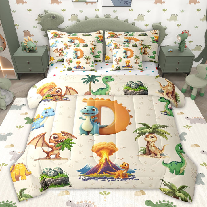 Erosebridal Cartoon Dinosaur Twin Bedding Sets for Kids Boys Girls, Dino Letter F Bedding Comforter Set, Polka Dots Reversible, 7 Pieces