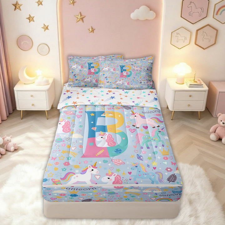 meiyoeat Cute Unicorn Letter B Zipper Comforter Set with Fitted Sheet and 2 Pillowcases for Kids Girls, Cartoon Rainbow Animal Zipper Bedding Set, Blue, Colorful Star Reversible, 3 Pieces