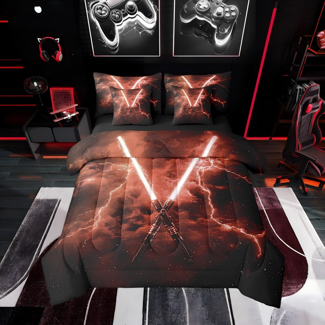 Erosebridal Lightning Bedding Sets Twin with Comforter, Games Neon Light Sword Duvet Insert, Starry Sky Decor, Reversible