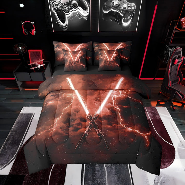 Erosebridal Lightning Bedding Sets Twin with Comforter, Games Neon Light Sword Duvet Insert, Starry Sky Decor, Reversible