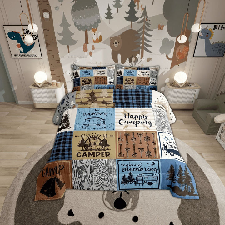 Happy Camping Bedding Set Full Rv Camper Comforter Set For Travel Trailers Bunks,Patchwork Rustic Buffalo Plaid Pine Trees Camper Car Decor Quilt Rv Accessories For Inside Duvet 3 Pcs